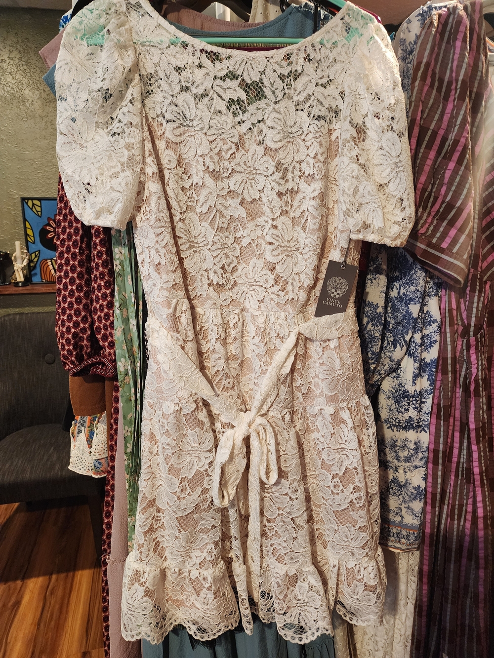 Lace Tie-Waist Mini Dress in Ivory